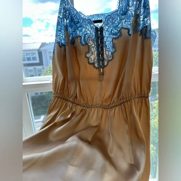 Rosamosario 100% Silk Satin and Chantilly French Lace Camisole Nude and Blue - Picture 10 of 17